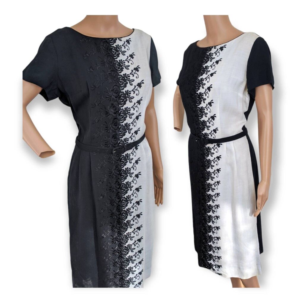 Black White Embroidered Dress Short Slv 50s 60s Floral Vintage Lynbrook 38 Bust